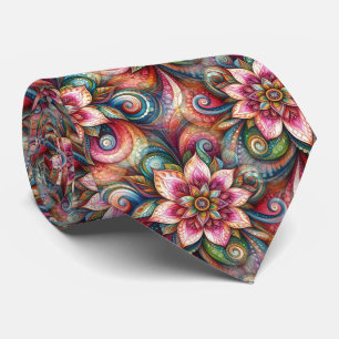 Pink Aqua Teal Blue Green Orange Paisley Pattern Tie