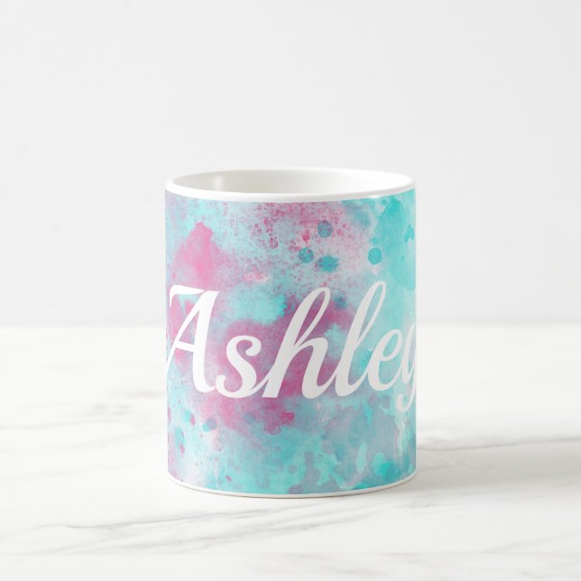 Pink Aqua Watercolor Wash & Customisable Name Mug (Center)