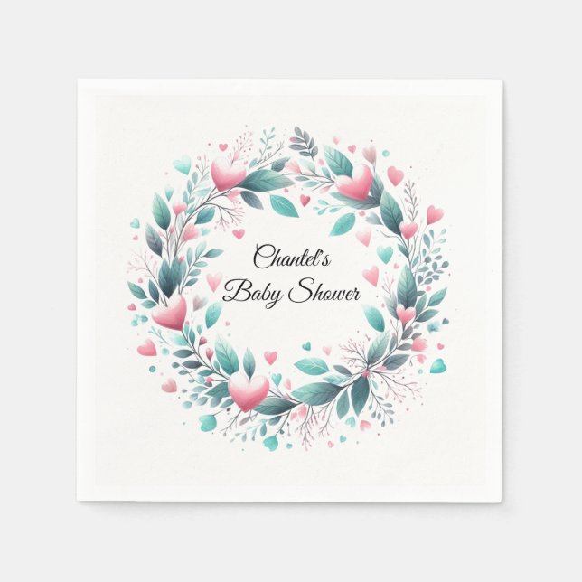 Pink Aqua Wreath Baby Shower Paper Napkins (Front)