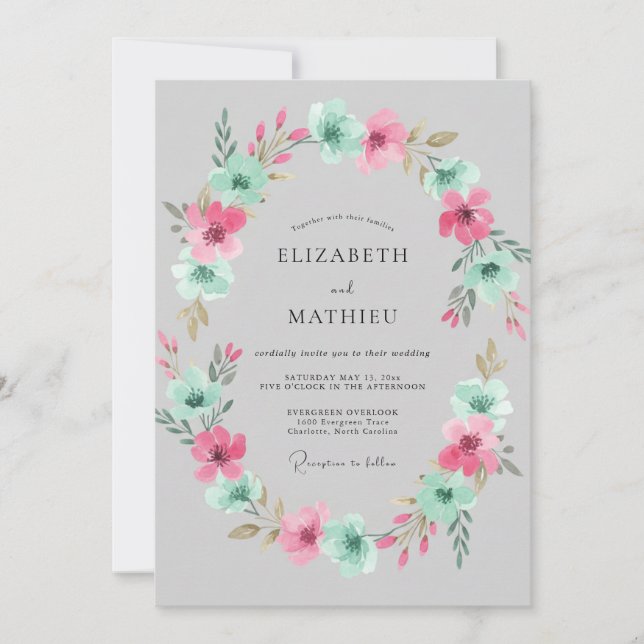 Pink Aqua Wreath Wedding Invitation (Front)