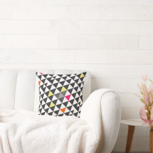 Pink Aqua Yellow Grey Abstract Triangle Pattern Cushion