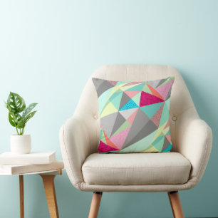 Pink Aqua Yellow Grey Abstract Triangle Pattern Cushion