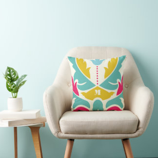 Pink Aqua Yellow Modern Damask Pillow