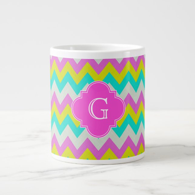 Pink Aqua Yellow Wht Chevron Quatrefoil Monogram Large Coffee Mug (Front)