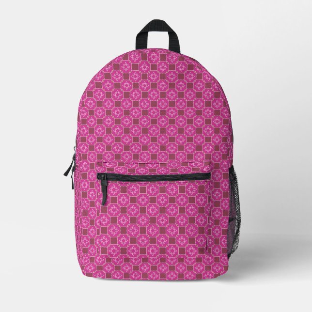 Pink Arabesque Star Floral Seamless Pattern Printed Backpack (Front)