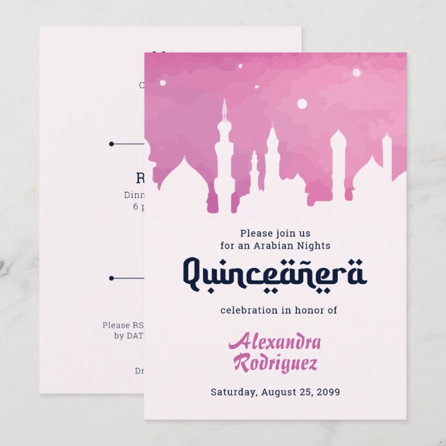 Pink Arabian Nights Watercolor Quinceañera Invitation (Front/Back)