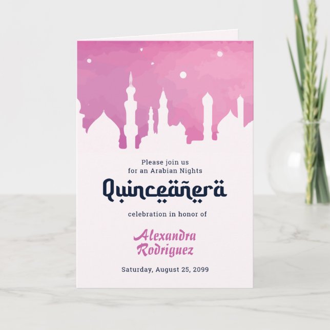 Pink Arabian Nights Watercolor Quinceañera Invitation (Front)