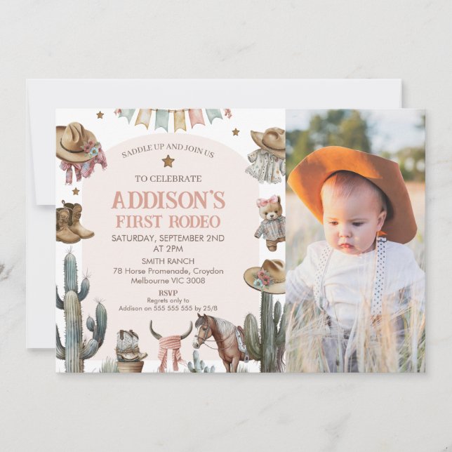 Pink Arch Photo First Rodeo Western 1st Birthday Invitation (Front)