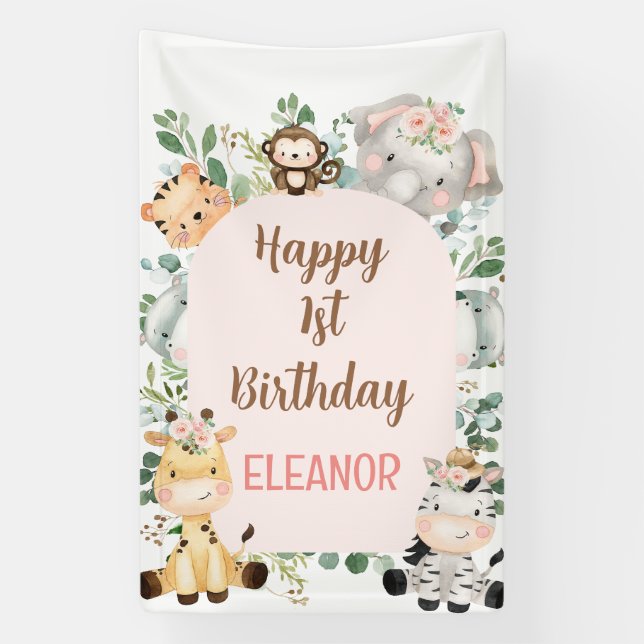 Pink Arch Safari Party Animals 1st Birthday Banner (Vertical)