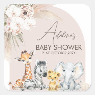 Pink Arch Safari Wild One Baby Shower  Square Sticker