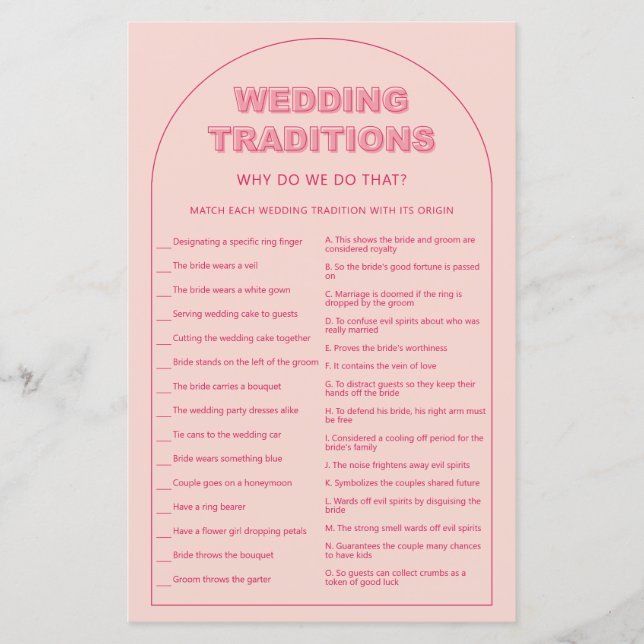 Pink arch wedding traditions bridal shower game (Front)