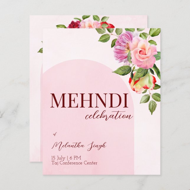 Pink arch with roses budget mehndi invitation (Front/Back)