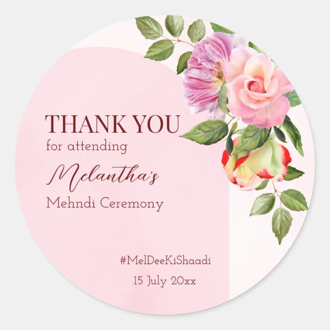 Pink arch with roses personalised mehndi thank you classic round sticker (Front)