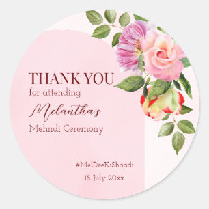 Pink arch with roses personalised mehndi thank you classic round sticker