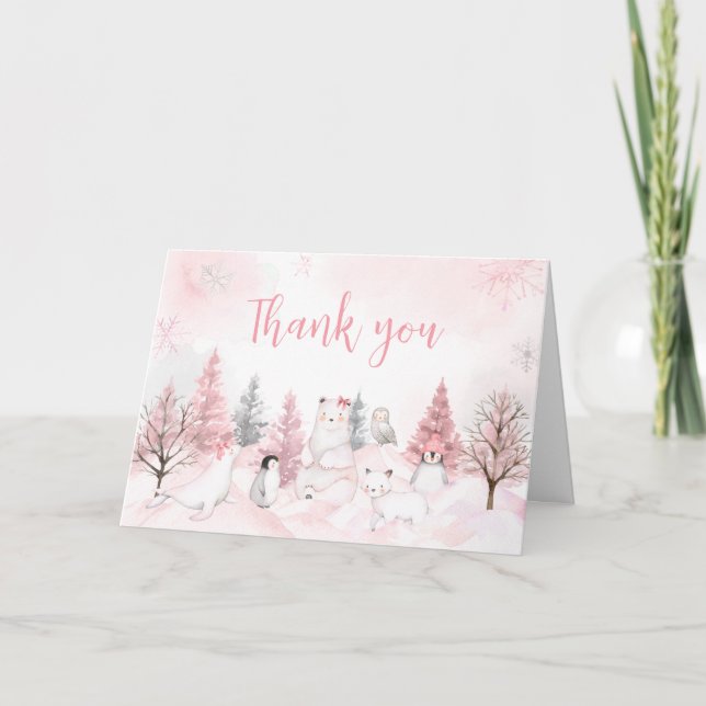 Pink Arctic Animals Baby Shower  Thank You Card (Front)