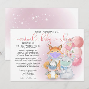 Pink Arctic Animals in Masks Virtual Baby Shower Invitation