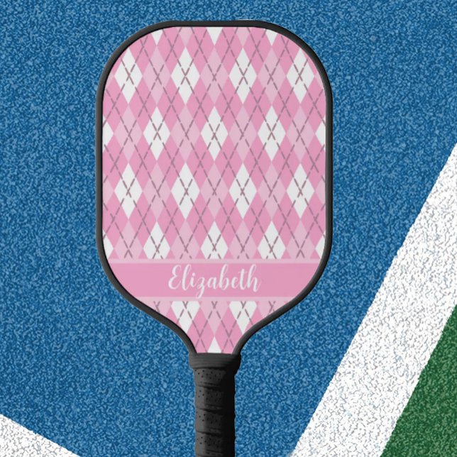 Pink argyle custom name preppy pickleball paddle (Creator Uploaded)