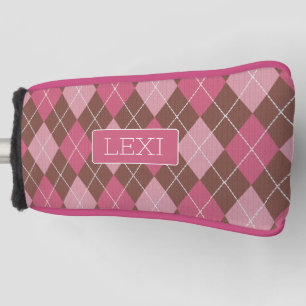 Pink Argyle on Brown Vintage Pattern with any name Golf Head Cover