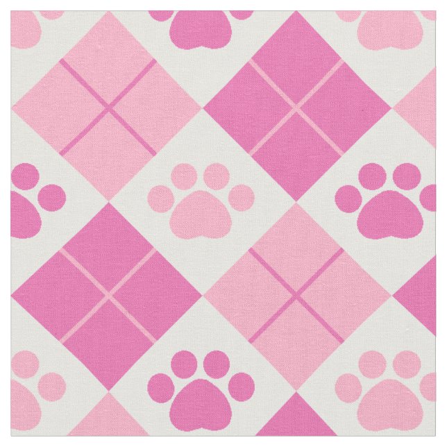 Pink Argyle Paw Print Pattern Fabric (Close Up)