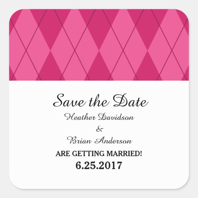 Pink Argyle Save the Date Stickers (Front)