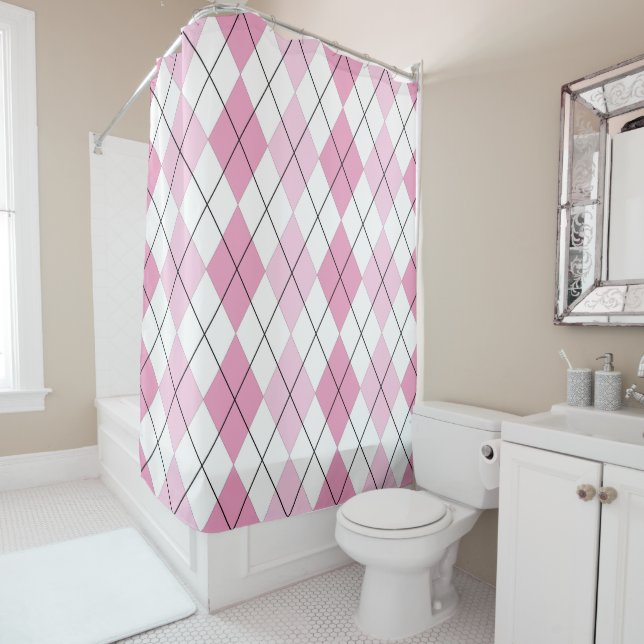 Pink Argyle Shower Curtain (In Situ)