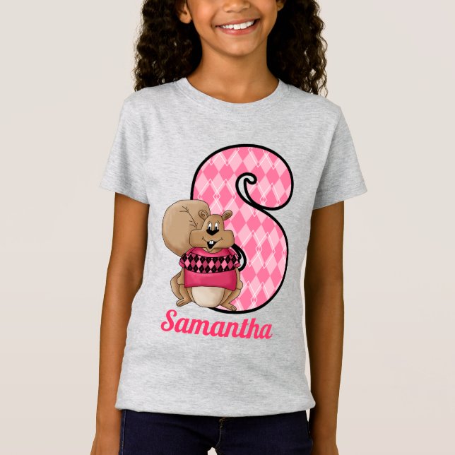 Pink Argyle Squirrel Monogram Letter S  with Name T-Shirt (Front)