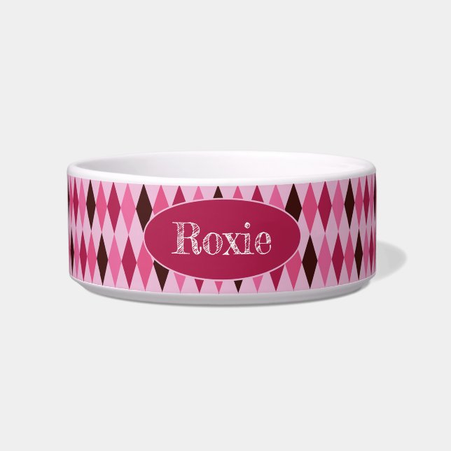 Pink Argyle Valentine's Day Ceramic Pet Bowl (Front)