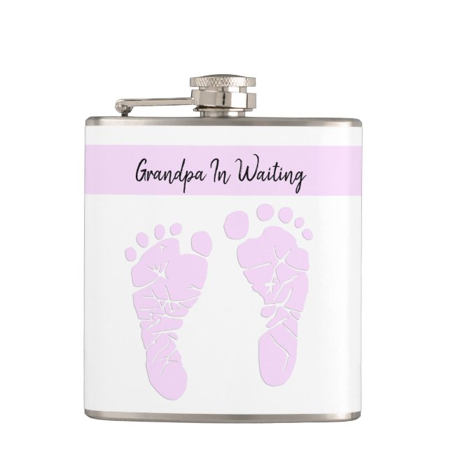 Pink Art Baby Footprints Grandpa To Be Pregnancy Hip Flask (Front)