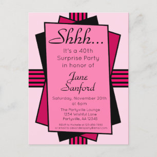 Pink Art Deco 40th Surprise Party Birthday Invitation Postcard