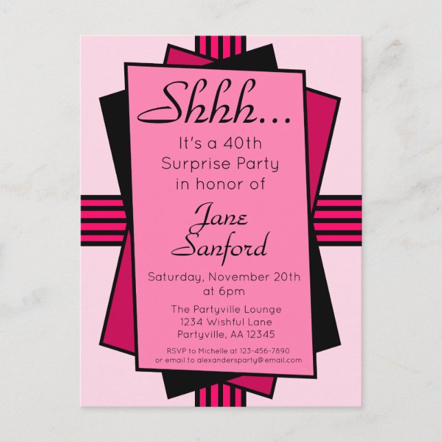 Pink Art Deco 40th Surprise Party Birthday Invitation Postcard (Front)