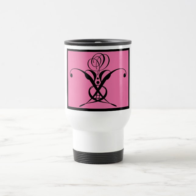 Pink Art Deco Black Flourish Rose Travel Mug (Center)