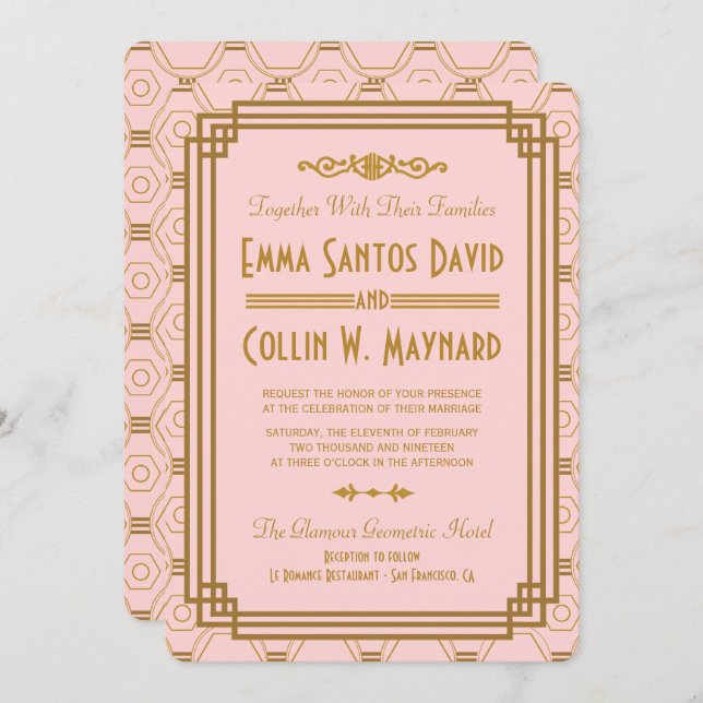 Pink Art Deco Wedding Invitations (Front/Back)
