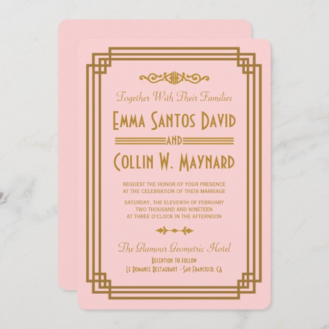 Pink Art Deco Wedding Invitations (Front/Back)