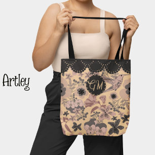 Pink Art Nouveau Botanical Hummingbird Monogram Tote Bag