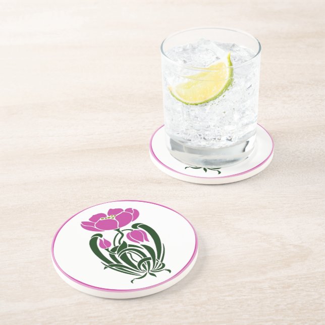 Pink Art Nouveau Floral Design | Vintage Botanical Coaster (Side)