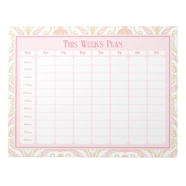 Pink Art Nouveau Floral Weekly Schedule Notepad (Front)