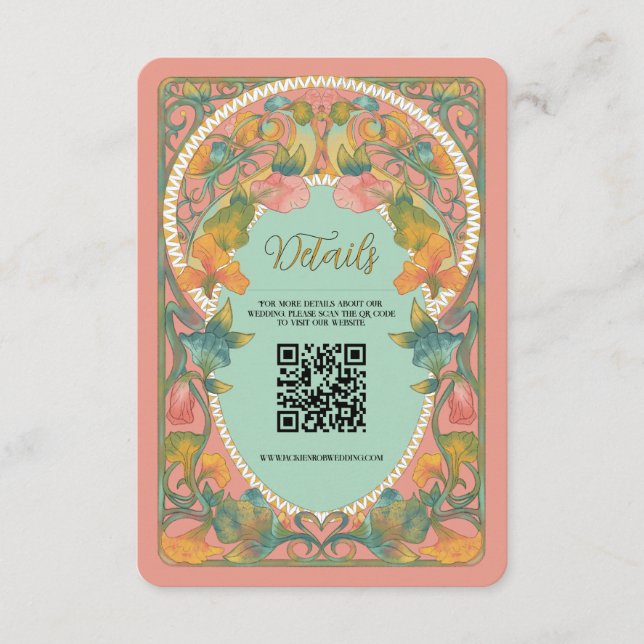 Pink Art Nouveau QR Code Wedding Enclosure Card (Front)