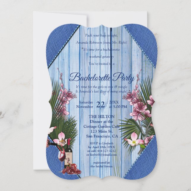 Pink Arty Flowers Blue-wood Texture Bachelorette Invitation (Front)