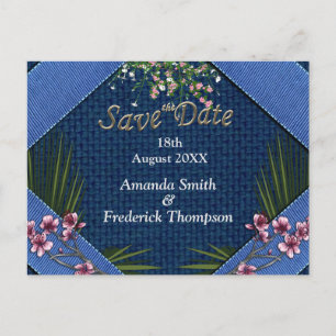 Pink arty Flowers on Blue-fabric texture Announcement Postcard