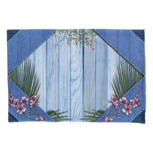 Pink Arty Flowers on Blue-wood-Fabric texture Pillowcase