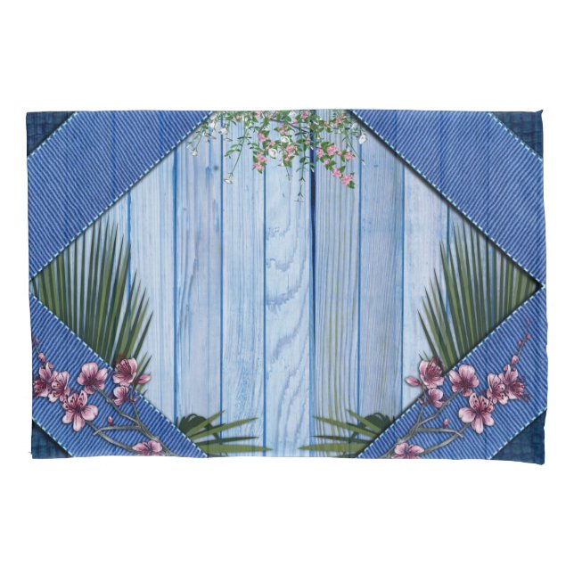 Pink Arty Flowers on Blue-wood-Fabric texture Pillowcase (Front)