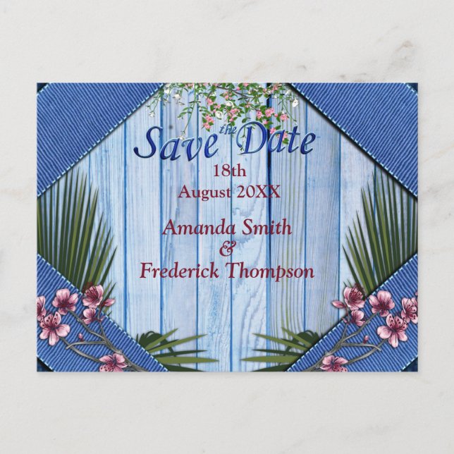 Pink arty Flowers on Blue-wood texture Announcement Postcard (Front)