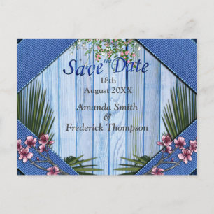 Pink arty Flowers on Blue-wood texture Announcement Postcard