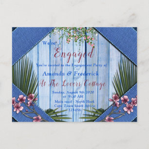 Pink arty Flowers on Blue-wood texture Engagement Invitation Postcard