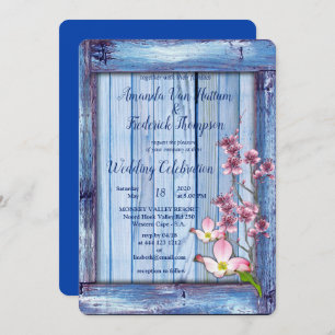 Pink arty Flowers on Blue-wood texture Invitation