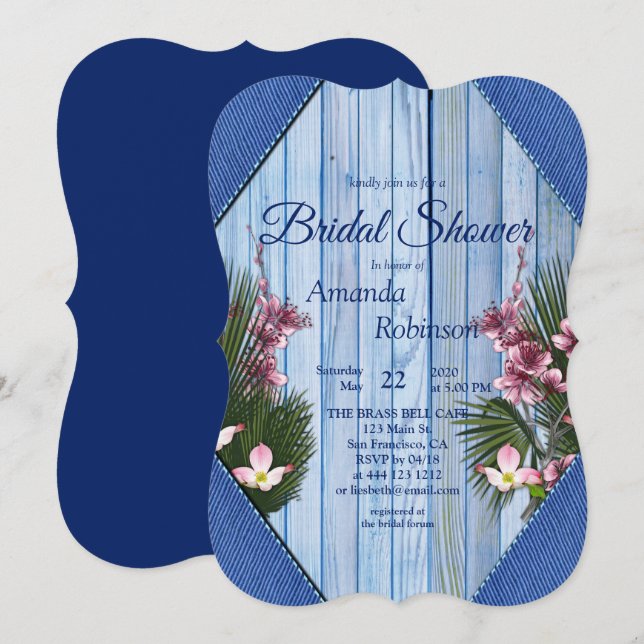 Pink Arty Flowers on Blue-wood Texture Invitation (Front/Back)