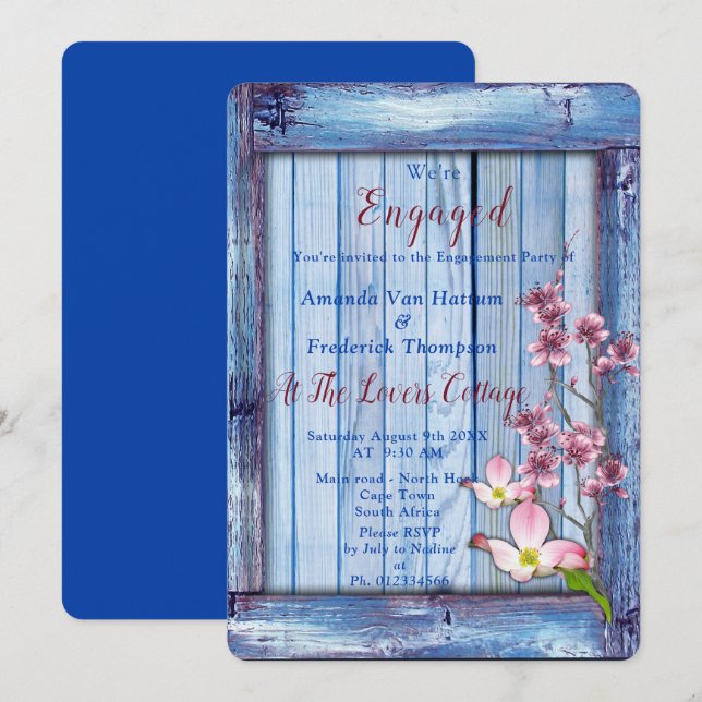 Pink arty Flowers on Blue-wood texture Invitation (Front/Back)