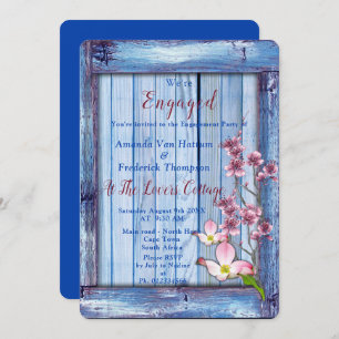 Pink arty Flowers on Blue-wood texture Invitation