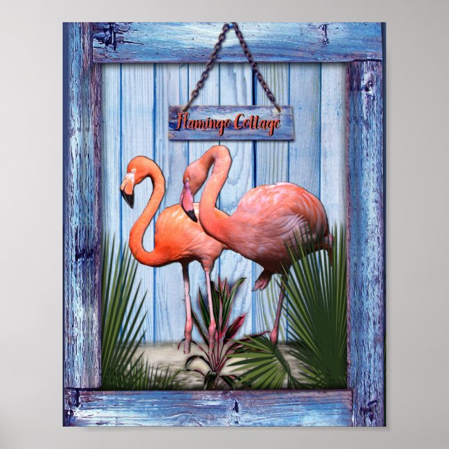 Pink arty Flowers on Blue-wood texture Poster (Front)