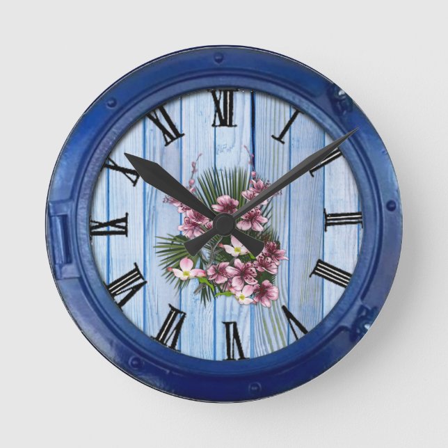 Pink Arty Flowers on Blue-wood  texture Round Clock (Front)